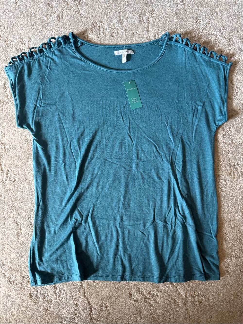 Maurice’s Teal Short Sleeve CrossCross Open Shoulder Ladder-Trim Top, Small, NWT